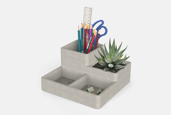 Four grid Cement Stationery Storage with Artificial Planter