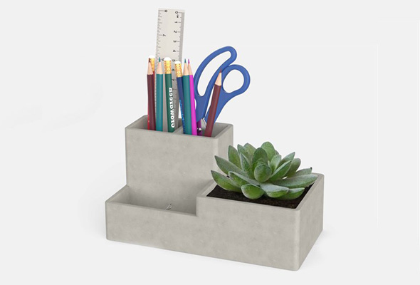 Three Grid Cement Stationery Storage with Artificial Planter