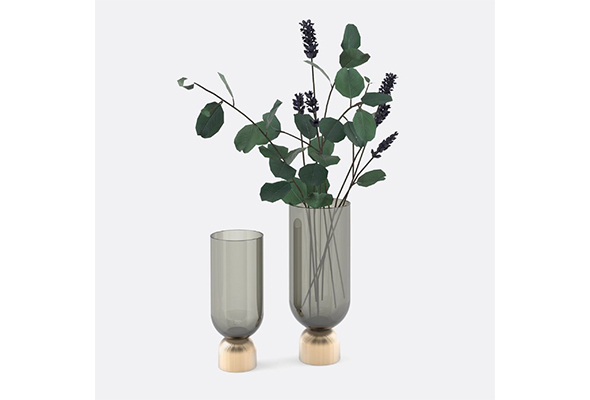 Set of 2 Gray Glass Vases with Metal Base