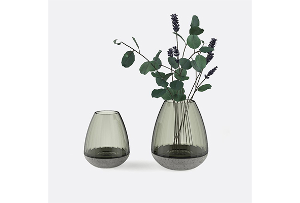 Set of 2 Grey Glass Vase with Cement Base